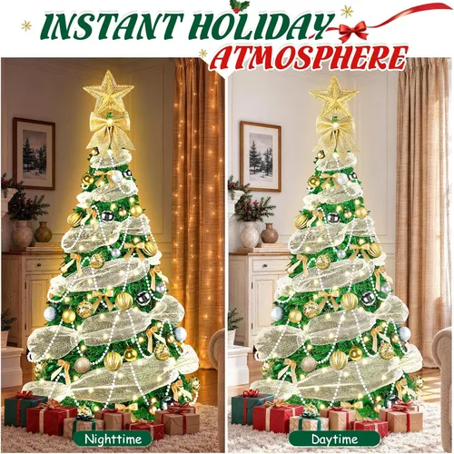 Vista 5 de FUSPWEAO 6FT Pre-Lit Pop Up Christmas Tree with Lights for Holiday Decor Pre-Decorated Collapsible Tree with Ribbon, Pearl Chain, Bows, Ball