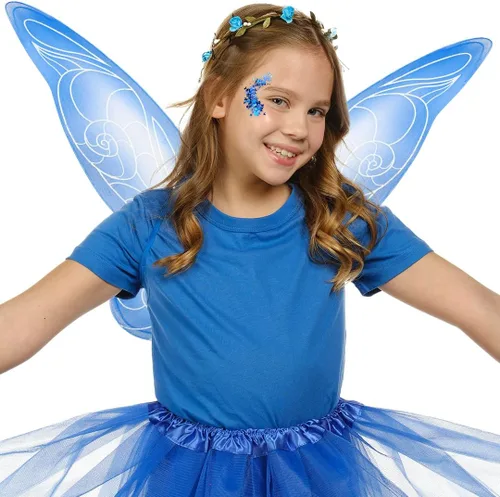 Vista 7 de Funcredible Alas de hada, corona y purpurina, accesorios de disfraz de hada, disfraz de mariposa, disfraces de Halloween para mujer Azul