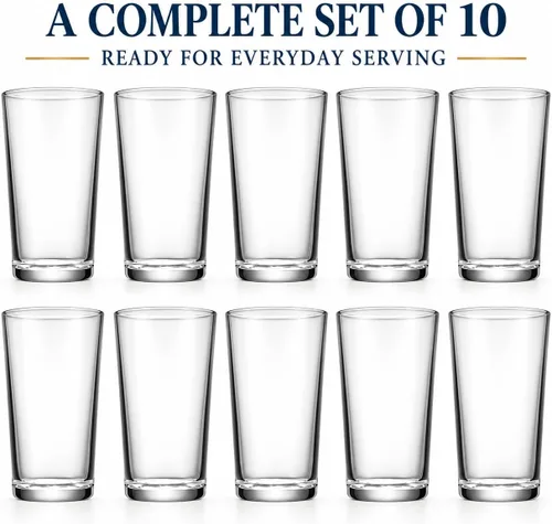 Vista 3 de Home Essentials - Juego de vasos para beber, 10 vasos de vidrio Highball, 16 onzas, vasos de agua básicos, cerveza, jugo, cócteles, vino, té helado