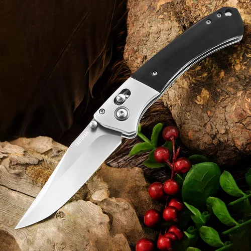 Vista 4 de Cuchillo plegable de bolsillo – EDC Tactical Gentleman's Survival Camping Knife – Hoja de acero inoxidable 8Cr13MoV, mango de madera, bloqueo