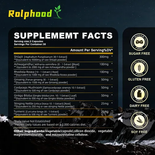 Vista 2 de Shilajit para hombres/mujeres – Orgánico puro del Himalaya, cápsulas de Shilajit con Ashwagandha, suplementos de 60 cápsulas alternativas a