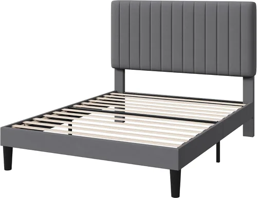 Vista 4 de HOOMIC Twin Bed Frame, Velvet Upholstered Platform Bed with Adjustable Vertical Channel Tufted Headboard, Mattress Foundation with Strong Wooden