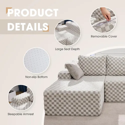 Vista 7 de Sofá modular en forma de L, de 3 asientos, espuma viscoelástica, para sala de estar, sofá estilo nube con diván, de gran tamaño, verde grisáceo