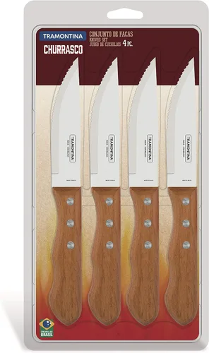 Vista 8 de Tramontina Juego de 4 cuchillos para carne jumbo de 5 pulgadas, cuchillo afilado con mango de madera, camping, cocina, rústico, 22399079