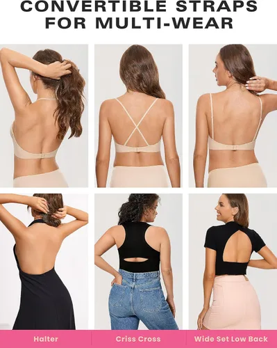 Vista 5 de DOBREVA Women's Backless Bra Low Back Halter Lightly Padded T Shirt Bras Underwire Full Coverage