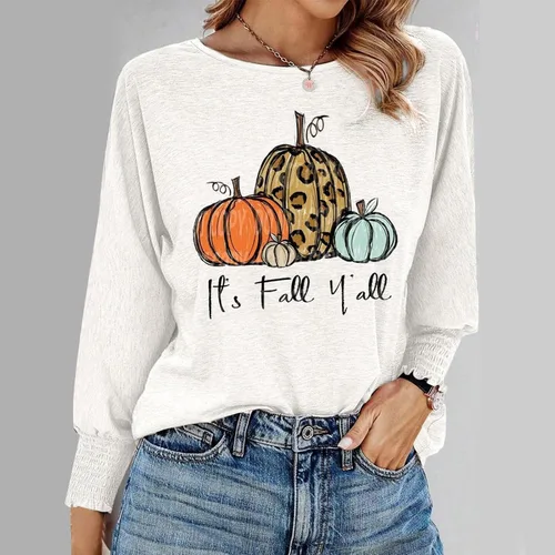 Vista 4 de Pumpkin Tops for Women Fashion Casual Long Sleeve Basic Shirt Round Neck Casual T-Shirts Fall Lightweight Pullover