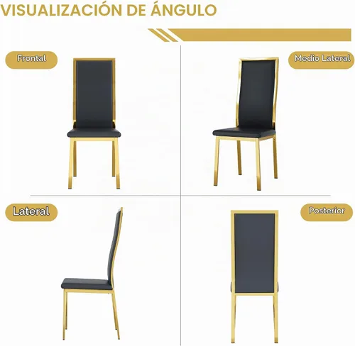 Vista 9 de Juego de mesa de comedor de cristal dorado moderno de 63 pulgadas para 6, juego de mesa de cocina rectangular de 7 piezas con patas de acero Negro