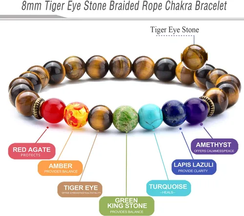 Vista 3 de Men Women 8mm Lava Rock 7 Chakra Beads Chakra Bracelet Braided Rope Natural Stone Yoga Bracelet Bangle