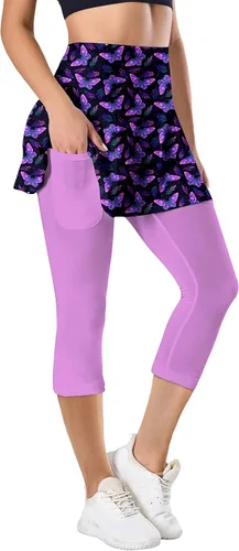 Vista 8 de QINGXUN Leggings con falda para mujer, leggings con falda de tenis con bolsillo, leggings de yoga con faldas, faldas atléticas de golf