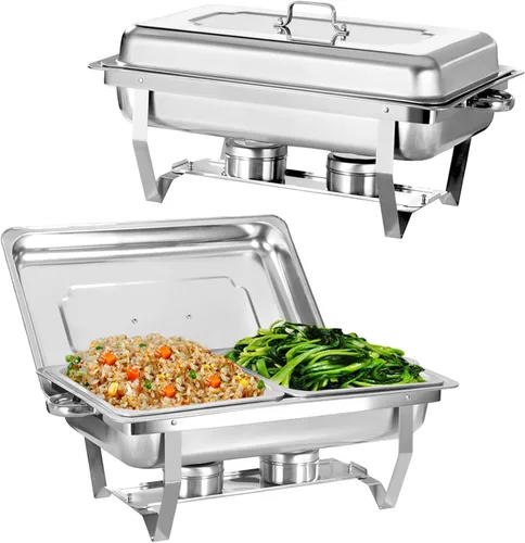 Vista 7 de Juego de 2 Platos Calentadores de Acero Inoxidable de Tamaño Completo de 8 Cuartos de Galón para Buffet, Juego de Calentador Rectangular Plateado