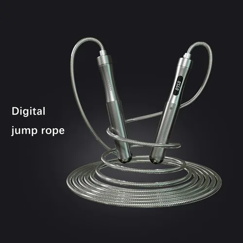 Vista 5 de Cuerda de saltar inteligente con contador, pantalla LCD, asas de aluminio, cable de acero revestido de PVC ajustable (118 pulgadas), carga tipo C