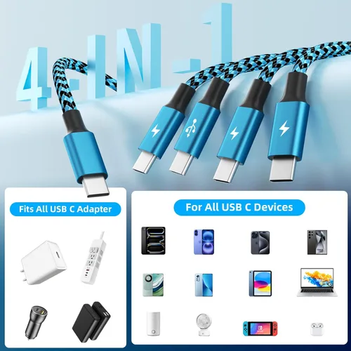 Vista 2 de Cable divisor USB C multi carga para múltiples dispositivos, cable de carga rápido 4 en 1, cable de carga de teléfono USB C trenzado con 4