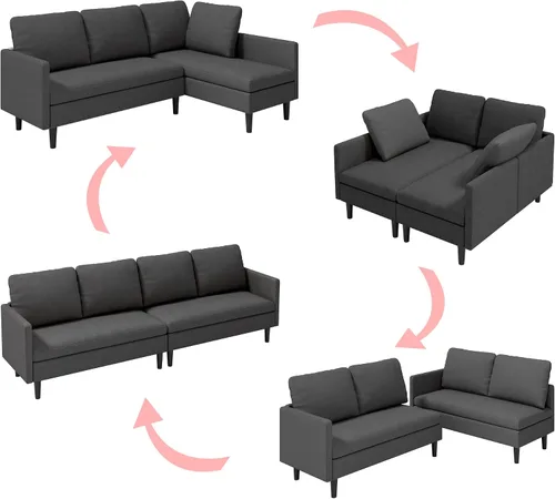 Vista 3 de Gizoon Sofá modular modular en forma de L, sofá cama moderno de 4 asientos con módulos desmontables, tela de tela de rizo, 6 patas para sala de Gris