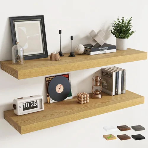 Vista 24 de Juego de 2 estantes flotantes de 16 pulgadas para pared, estantes de baño de grano de madera de 12 pulgadas de profundidad con soportes invisibles