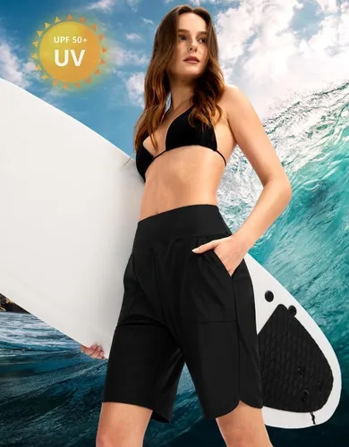 Vista 4 de Viodia Pantalones cortos de natación para mujer de 9 pulgadas de largo con bolsillos, cintura alta, trajes de baño de playa, hasta la rodilla