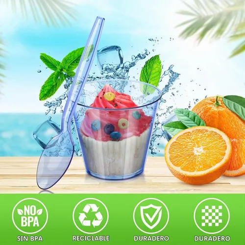 Vista 3 de Tanlade Juego de 100 tazas de postre de 5 onzas con cucharas, vasos de plástico de color para bodas, fiestas de cumpleaños, helados, postres de Azul