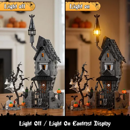 Vista 4 de Juego de construcción de mansión embrujada de Halloween 2026, juego de bloques de construcción de casa embrujada antes de Navidad, calabazas que