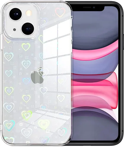 Vista 7 de Jusy Compatible con iPhone 7 Plus / 8 Plus holográfico Love Heart Iridescent Clear Kawaii, funda estética láser brillante arco iris, bonita funda