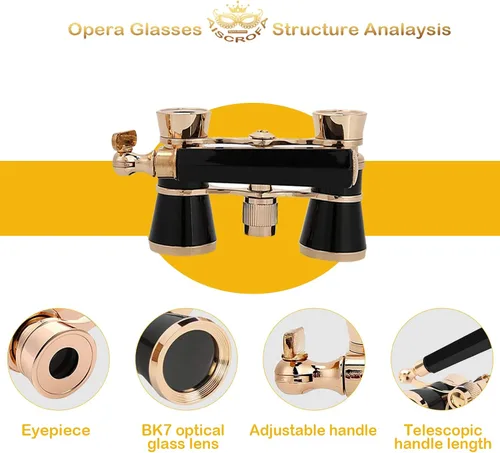 Vista 2 de Gafas de ópera, prismáticos de teatro 3X25 con mango plegable y extensible, mini binoculares compactos y ligeros, gafas de teatro portátiles