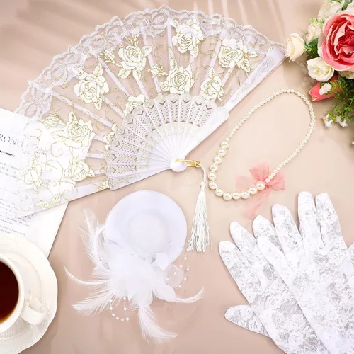 Vista 6 de Sintege 4 piezas de suministros de fiesta de té para niñas, guantes de fiesta de té, sombreros para niñas y niños, collar de fiesta de té