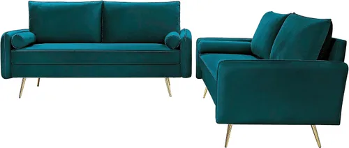 Vista 6 de Container Furniture Direct Juego de sofá de terciopelo inspirado en Chesterfield de 2 piezas con patas oblicuas de metal dorado, azul verdoso
