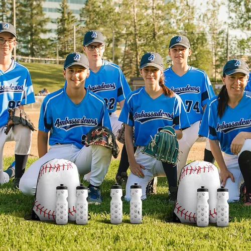 Vista 5 de Sunnyray 20 piezas de recuerdos de fiesta de béisbol de 13 x 17 pulgadas bolsa de béisbol con cordón y vaso deportivo de 24 onzas para gimnasio