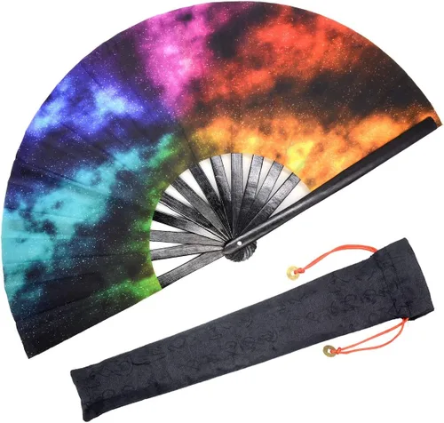 Vista 14 de OMyTea Rave Clack - Ventilador de mano para hombres y mujeres – Ventilador de mano plegable de bambú chino japonés – para EDM, festival de música