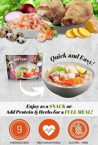 Vista 4 de SIMPLY FOOD Fideos instantáneos de arroz Phnom Penh (H Tiếu Nam Vang) – 9 tazones/2.65 oz cada uno – Deliciosos, finos, planos, fideos de arroz