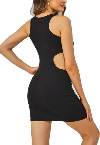 Vista 4 de Vestido ajustado sexy sin mangas para mujer, cintura recortada, acanalado, para fiesta, club, mini vestido