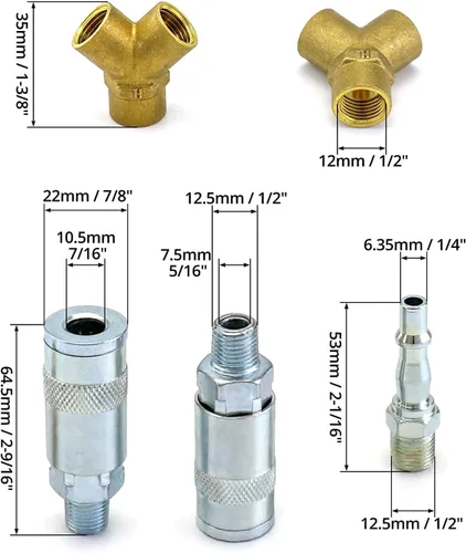 Vista 5 de 1/4 "manguera de línea aérea - Conectores de compresor de aire de 3 vías Divisor de conector en Y Acoplador de liberación rápida Rosca macho/hembra