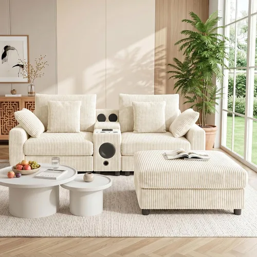 Vista 8 de MAKIAAP Sofá modular de pana de 83 pulgadas con altavoces, cómodo sofá biplaza de asiento profundo con otomana móvil, consola, cargador USB, Beige