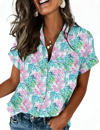 Vista 8 de Zeagoo Camisa de manga corta con botones para mujer, cuello en V, elegante, casual, para negocios, trabajo, con bolsillo, S-XXL