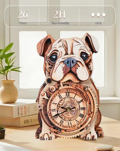 Vista 5 de Rompecabezas de madera 3D para adultos, rompecabezas 3D reloj bulldog (con péndulo) 32 piezas, rompecabezas de madera para principiantes