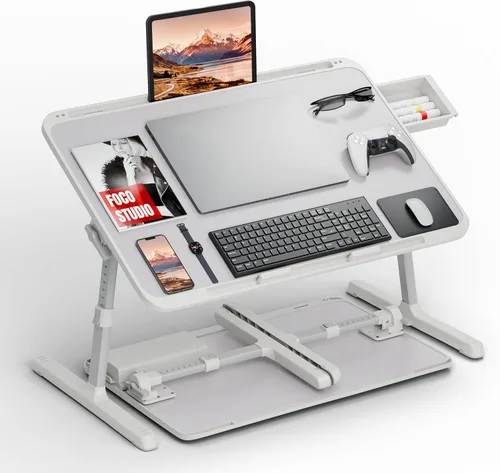 Vista 9 de Potuopy Escritorio ajustable para computadora portátil, bandeja de mesa de Negro