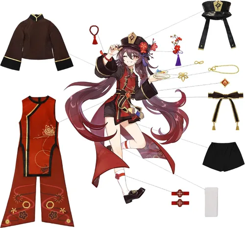 Vista 5 de CR ROLECOS Genshin Impact - Disfraz para cosplay de Hu Tao, traje para cosplay de HuTao, uniforme de fiesta de Halloween con sombrero, talla XL