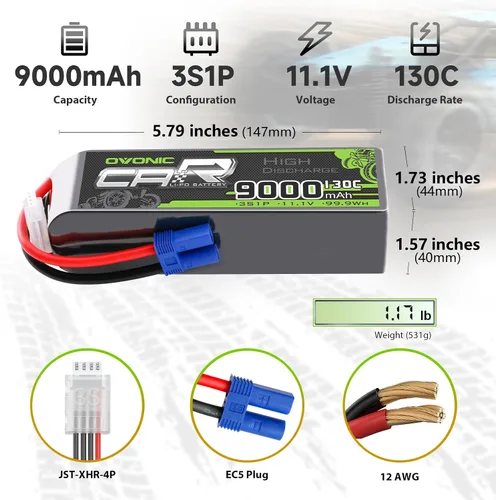 Vista 2 de OVONIC 3S LiPo Batería 9000mAh 11.1V 130C RC Batería con conector EC5 (paquete de 2)