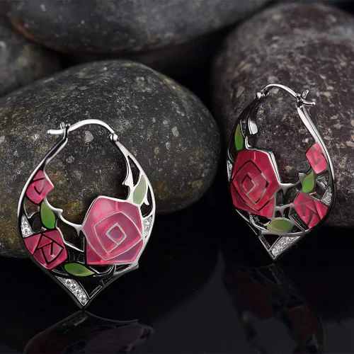 Vista 3 de Santuzza Aretes de aro de plata de ley 925 hechos a mano con flores esmaltadas Plata de ley Esmalte Circonia cúbica
