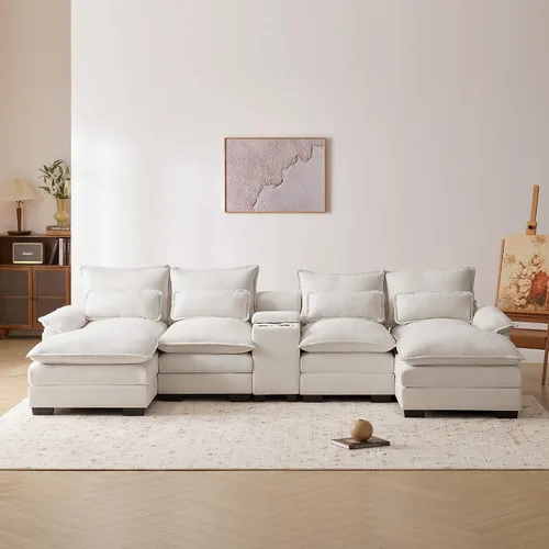 Vista 22 de Sofá seccional de gran tamaño de 142 pulgadas con 2 otomanas y consolas de almacenamiento móviles, sofá modular de felpilla en forma de U de 6