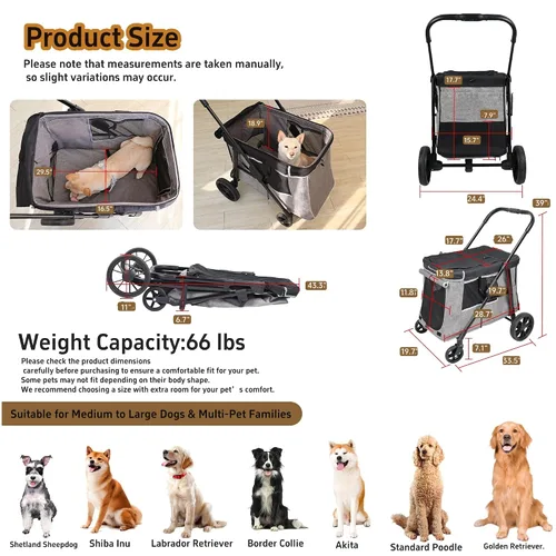 Vista 8 de Cochecito mediano para perros pequeños a grandes, con 4 ruedas, cochecito múltiple para 4 perros con capacidad para hasta 40 libras, plegado con un