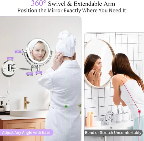Vista 6 de Wall Mounted Makeup Mirror with Lights, Double-Sided Magnifying, Plug-in Lighted Vanity Mirror with 3 Color Modes, 20X/1X Dimmable Brightness, 360°
