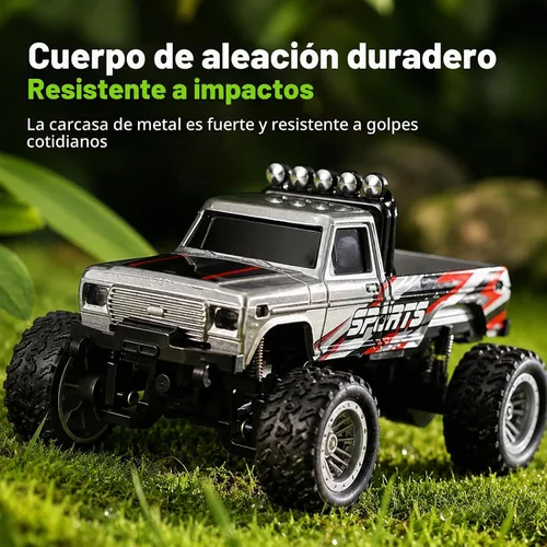 Vista 7 de Mini camión monstruo de control remoto a escala 1:64 con remolque 2.4 GHz y control dual de aplicación, mini auto RC de aleación con luces LED Azul