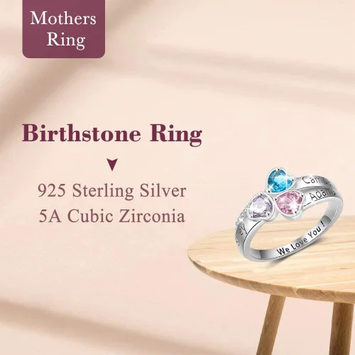 Vista 2 de Anillo personalizable de plata fina para mamá, con 3 piedras natales de imitación para la abuela, mamá o algún aniversario significativo