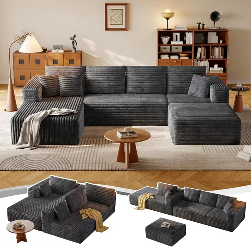Vista 24 de Sofá Seccional Modular de 108.2" con Asiento Profundo, Sofá de Pana en Forma de L sin Estructura, Comodidad Moderna, Sofá Nube de Gran