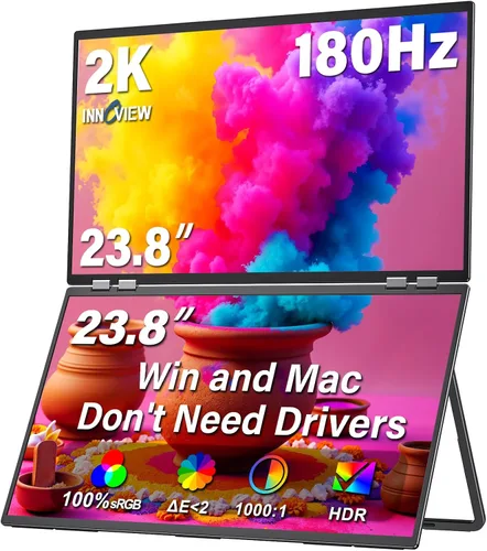 Vista 9 de InnoView Monitor portátil dual de 18.5 pulgadas 100Hz 2K 2560x1600P 100% sRGB diseño plegable y apilable con ajuste de pantalla de 315°