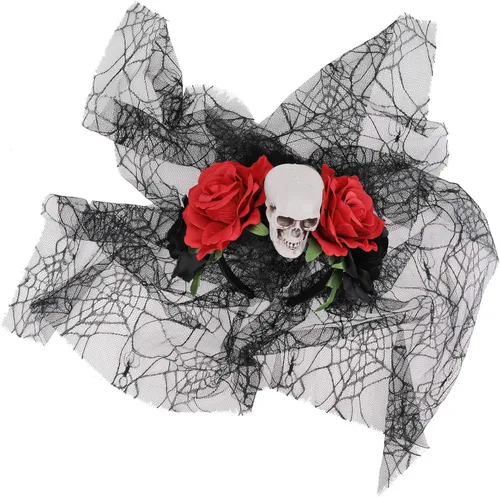 Vista 4 de HOWAF Diadema de Halloween, Día de los Muertos, tocado de rosa para festival, cosplay, diadema floral de Halloween, mujeres y adultos, accesorio