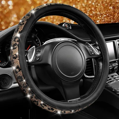 Vista 22 de CAR PASS Funda para volante de cuero beige con diamantes brillantes, cristales blancos brillantes con purpurina y pedrería, ajuste universal de 14