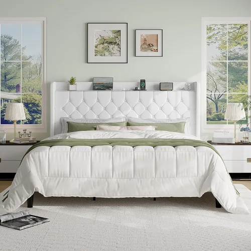Vista 14 de SHA CERLIN Base de cama de plataforma de tamaño matrimonial con estación de carga, cabecera de lino con estante de almacenamiento, soporte
