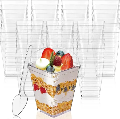 Vista 7 de Hiasobre Paquete de 100 vasos de postre de plástico transparente de 5 onzas con tapas y cucharas, tazas cuadradas reutilizables para aperitivos