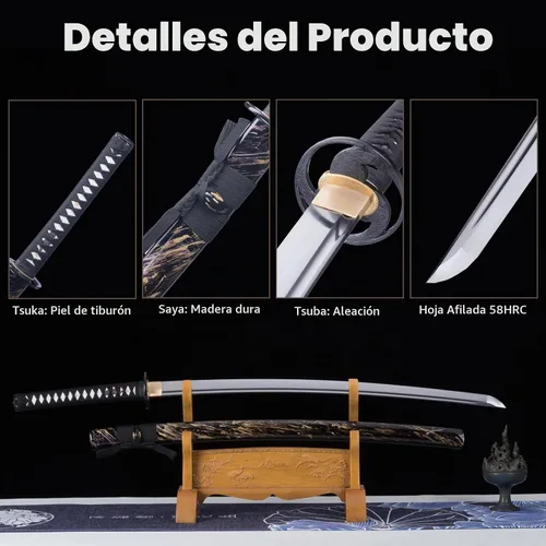 Vista 3 de Katana de entrenamiento, espada tradicional hecha a mano, Katanas de espiga completa de acero de resorte 9260, auténticas espadas samuráis Negro