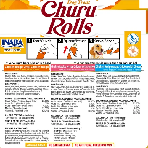 Vista 2 de INABA Churu Rolls - Rollos para perros, sin granos, suaves y masticables al horno envueltos de pollo rellenos de churu, 0.42 onzas cada palito 24